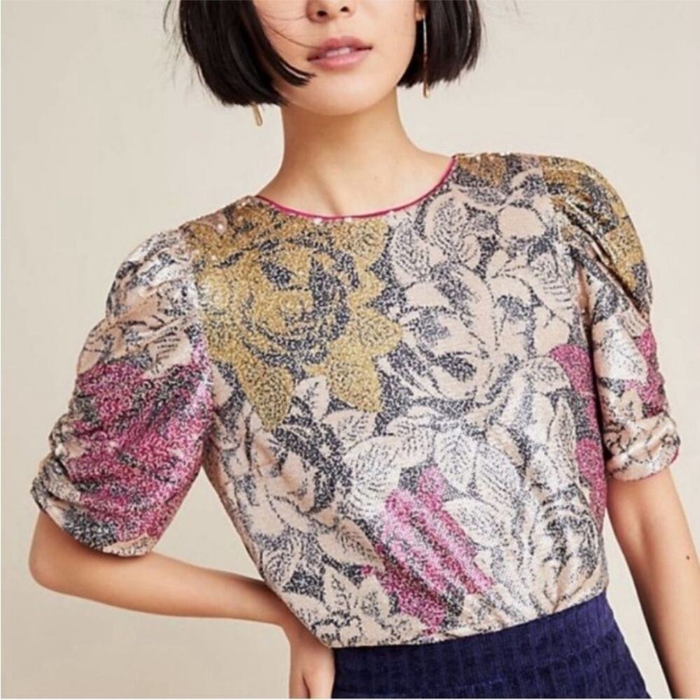 NWT ANTHROPOLOGIE Marie Floral Print Sequined Blouse Size 0 magenta/gold/black